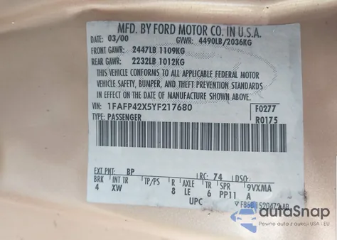 2000 Ford Mustang Gt z USA, uszkodzony, nr VIN 1FAFP42X5YF217680